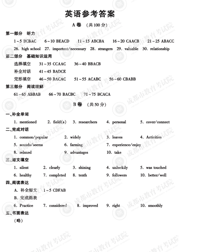 2023年成都市中考英语试卷真题及答案