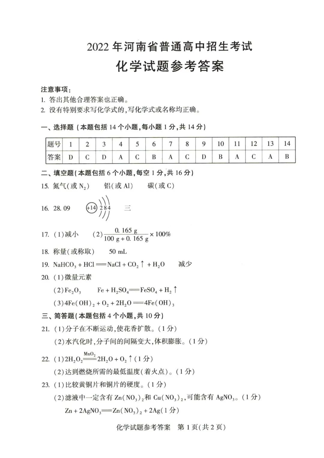 2023年郑州中考化学试卷真题及答案