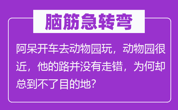 脑筋急转弯：阿呆开车去动物园玩，动物园很近，他的路并没有走错，为何却总到不了目的地？