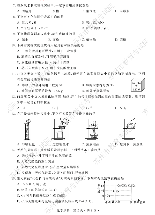 2023年苏州市中考化学试卷真题及答案