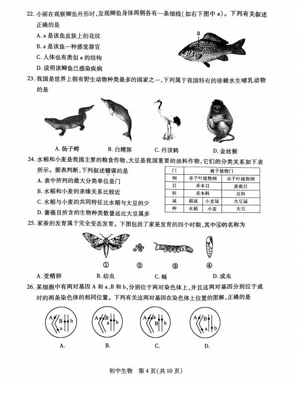 2023年苏州市中考生物试卷真题及答案