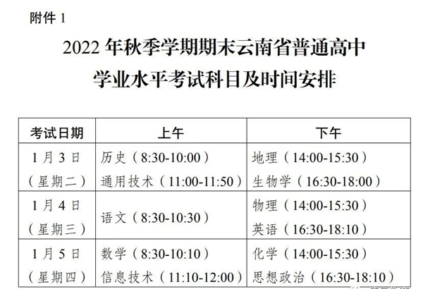 2023年云南高中各科会考时间安排一览表